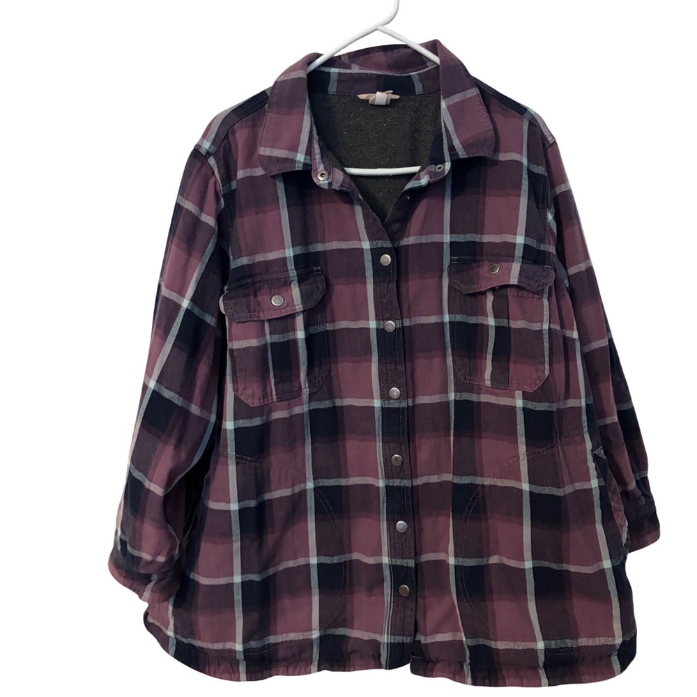Duluth Womens Plaid Flannel Shirt‎ Jacket Button Up Long Sleeve Purple Navy